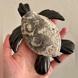 Zebra calcite & black onyx sea turtle - natural crystal stone carving